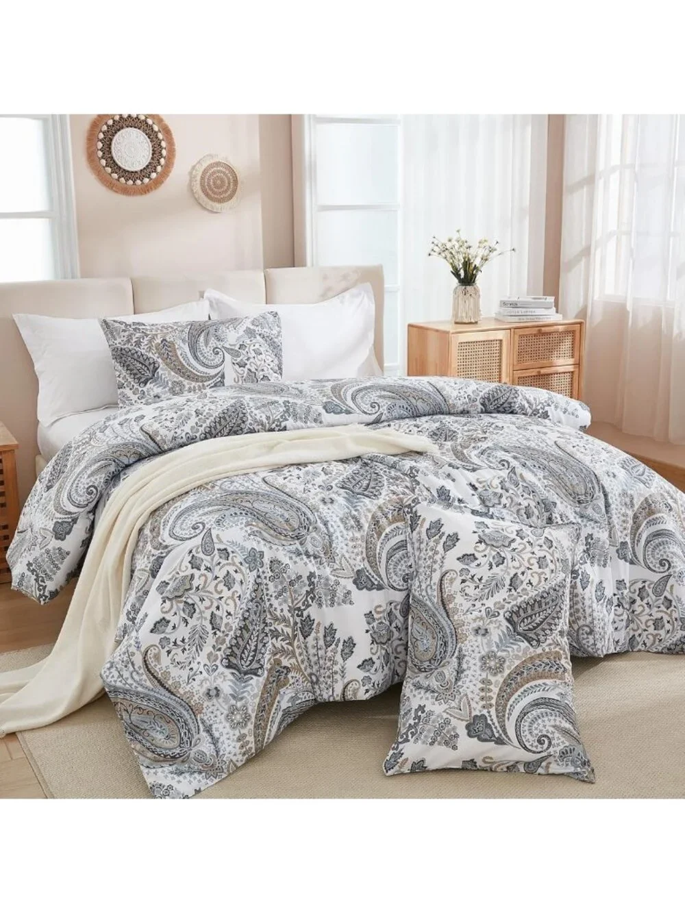 Queen Size Grey Blue Paisley Comforter Set - 3 Piece Lightweight Boho Bedding